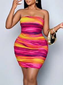 SOLERSUN Plus Size Women Marble Printed Strapless Bodycon Party Dress For Women (Random Floral Print) - Hot Pink - View 3