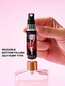 Betty Boop x SHEIN Botella rociadora rellenable de 5 ml/0,2 oz con bomba de llenado automático por la parte inferior, botella de perfume reutilizable, botella cosmética mini portátil con ventana, adecuada para viajes y transporte en avión, adecuada para damas, cereza, linda, ideas de regalo, fiestas, vacaciones, Día de San Valentín - Blanco y Negro - Ver 3