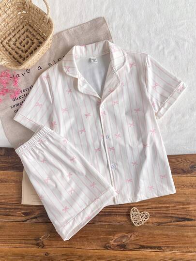 女童白色粉色条纹简约优雅短裤短袖休闲宽松两件套家居服