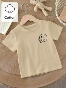 Tee-shirt décontracté à col rond à manches courtes pour tout-petits garçons, en coton rétro, avec imprimé visage souriant et geste de la victoire, kaki, adapté pour les sorties d'été - Multicolore - Voir 7
