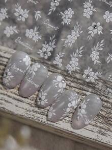 1 pieza Pegatina autoadhesiva exquisita de arte de uñas 3D con patrón de hojas florales blancas con diamante de imitación para mujeres y niñas, accesorios de manicura para fiestas de otoño e invierno, suministros de arte de uñas, calcomanías de uñas - Blanco - Ver 2