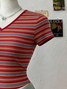 Lalippa Women's Striped V-Neck Short Sleeve Fitted T-Shirt - Multicolor - View 3
