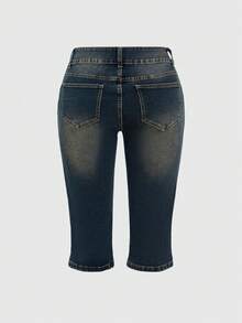 ROMWE J-Fashion Y2K复古金色水钻装饰超低腰紧身牛仔短裤 - 藍色 - 查看 2