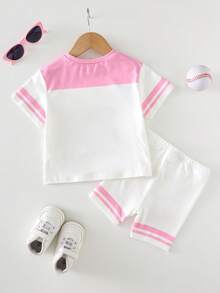 Baby Girl Casual Minimalist Round Neck Loose Short Sleeve T-Shirt And Skinny Bike Shorts Set, Suitable For Spring/Summer - Pink - View 5