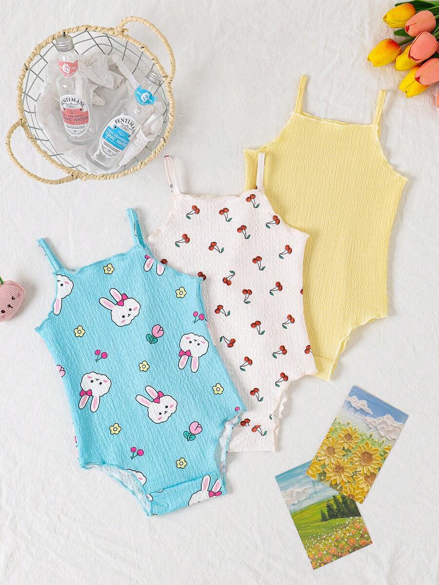 SHEIN Playful Pals 3pcs Baby Girls' Comfortable Versatile Minimalist Solid Color Knit Camisole Romper Set, Spring/Summer - Multicolor - View 1