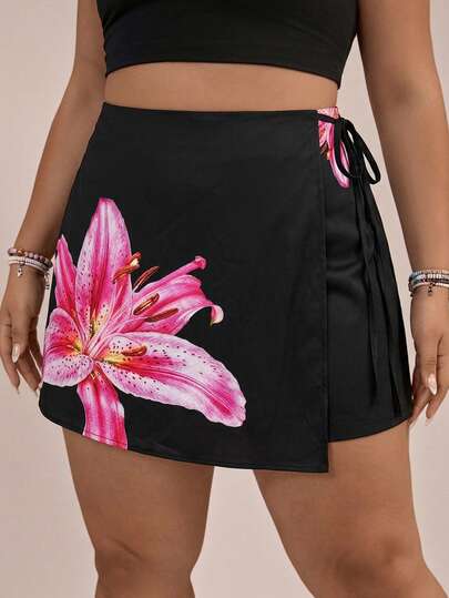Travachic Short jupe femme à taille nouée, imprimé floral noir et rose. Tenue élégante pour le quotidien, les vacances, la plage. Printemps/Été