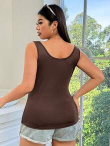 SHEIN EZwear 大尺碼巧克力棕色緊身圓領無袖休閒背心，夏季 - 巧克力棕 - 查看 2