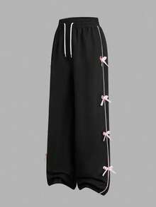 SHEIN Sparklyn 2 件套少女甜美可爱白色荷叶边蝴蝶结装饰圆领短袖短款 T 恤和黑色阔腿裤粉色蝴蝶结套装，适合日常、通勤、与朋友聚会、度假穿着 - 彩色 - 查看 8
