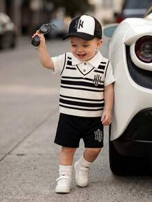 SHEIN 2pcs Infant Toddler Baby Boy 2 In 1 Set, Children's Knitted Comfortable Short Sleeve, Featuring 2 In 1 Design With White Collared Shirt Underneath, Button Closure At Collar, Letter Embroidery On Left Chest, Casual Polo Top Paired With Black Shorts, Baby Polo Shirt, Baby Striped Vest Polo Shirt Top, Baby Boy Outfit Toddler Boy Clothes Boy Summer Outfit Set Baby Boy Summer Clothes - Black and White - View 5