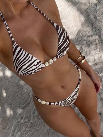 Swim Vcay Women's Summer Beach Vacation Elegant Brown Zebra Print Bikini Swimsuit Set,Marble Bead Decoration Beachwear,Suitable For Vacations, Beaches, And Pool Party