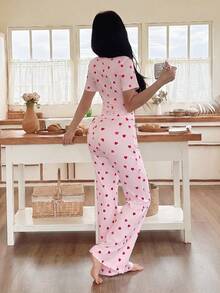 SHEIN 女士休闲爱心印花方领紧身上衣和喇叭裤睡衣套装 - 彩色 - 查看 2