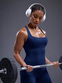 Powerista Women's Summer Gym Sportswear Blue Elastic Backless Letter Print Seamless Jumpsuit - Navy Blue - View 3
