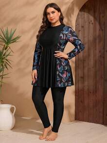 SHEIN Swim Plus Size Modest Swimwear 2-Piece Set, Long Sleeve Printed Dress + Long Pants, Style Concealing Swimwear - Black - View 1