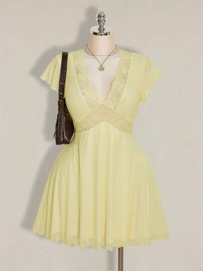 SHEIN ICON Đầm ren vàng phối nhiều mảnh dành cho nữ cỡ lớn