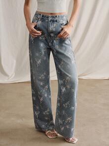 Anewsta Women's Casual Butterfly Embroidered Loose Slimming Slant Pocket Jeans - Blue - View 8