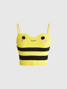 Blusa de punto a rayas con diseño de rana kawaii para mujer - Amarillo - Ver 1