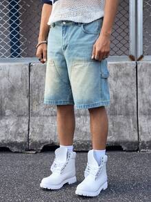 EVRINFINITE Men's Casual Streetwear Multi-Pocket Striped Blue Denim Shorts Light Wash Jorts - Light Wash - View 6