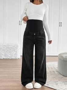 SHEIN Maternity Knit Belly Support Loose Straight Leg Jeans - Black - View 4