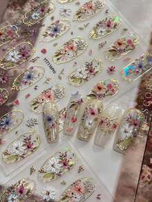 1片3D立体花朵美甲贴纸，优雅金色复古奢华巴洛克水钻自粘美甲贴，适用于亚克力指甲，DIY美甲用品及礼品装饰 - 彩色 - 查看 2