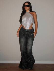 SHEIN Tall Pantalones vaqueros de pierna ancha con cintura alta, lavados y con rhinestones de moda para personas altas - Negro - Ver 5