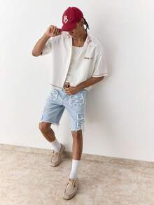 SWAVVY 男士休闲水洗做旧牛仔短裤，夏季 - 藍色 - 查看 7