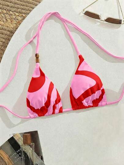 Swim Vcay Mulled Wine Color Strap, Side Tie Decor Simple Vintage Bikini Top, Women Beach Vacation Outfit