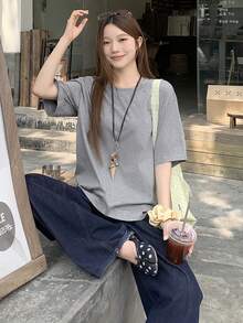 DAZY Casual Solid Color Short Sleeve T-Shirt, Versatile For Summer - Grey - View 4