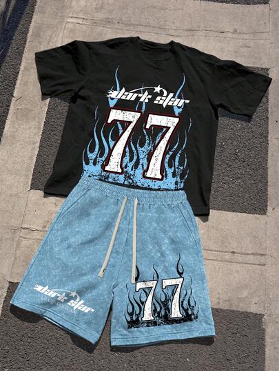 Manfinity EMRG Conjunto de camiseta de manga corta y pantalones cortos con estampado numérico 77 y llamas, estilo urbano para hombre, ajuste holgado, conjunto de 2 piezas para uso casual en verano