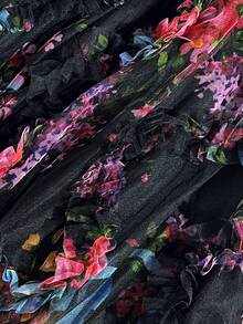 GlowEve Minissaia dupla em formato A com estampa floral texturizada, estilo romântico, elegante e francesa, perfeita para férias, encontros e trabalho. Ideal para a primavera/verão. - Preto - Ver 6