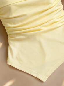 SHEIN Holidaya Áo thun ren phối màu trễ vai dành cho nữ, kiểu dáng bất đối xứng màu vàng nhạt, thích hợp cho mùa xuân/hè. - Màu vàng - Xem 3