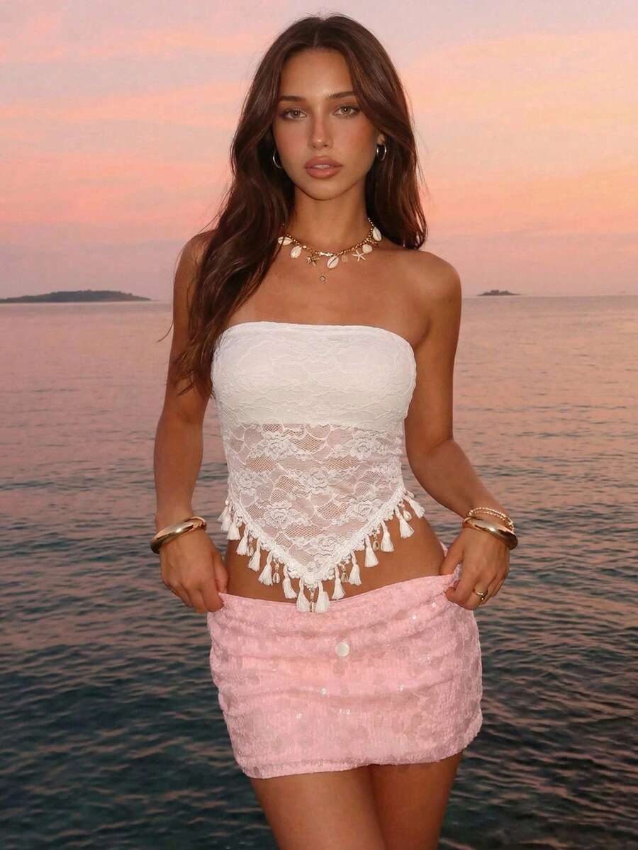 MainGRL Áo hai dây nữ màu trắng viền ren với mặt dây chuyền trang trí, thích hợp cho kỳ nghỉ, lễ hội âm nhạc, mặc hàng ngày và hẹn hò, mùa xuân/hè. - trắng - Xem 1