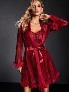 EmpressEnvy SilkySpell 3D Floral Lace Robe + 3D Pleated Bust Ruffle Hem Slip Dress 2 Pieces Set For Women Sexy 2piece Nightgown Lingerie Robe Set Red Night Gown Lingerie Babydoll Dress - Burgundy - View 4