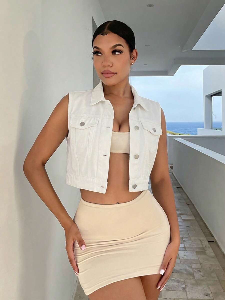 SHEIN SXY Áo khoác denim ngắn không tay dáng casual dành cho nữ, mùa hè. - trắng - Xem 1