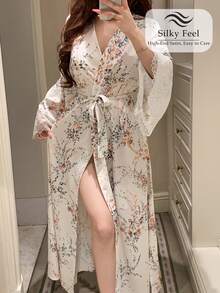 DAZY Robe mi-longue élégante en satin et dentelle avec imprimé floral & botanique pour femmes, pyjama printemps/été - Beige - Voir 3