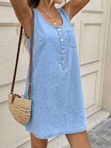 EMERY ROSE Mature Denim 女式牛仔无袖迷你连衣裙，休闲修身，蓝色 - 淺色水洗藍 - 查看 6