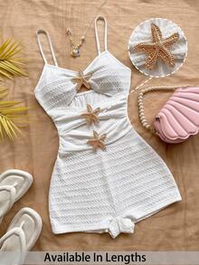 SHEIN PETITE CURVE Bộ áo liền quần mùa hè dáng rộng cho nữ, họa tiết sao biển rỗng, màu trắng, thích hợp đi biển. - trắng - Xem 9