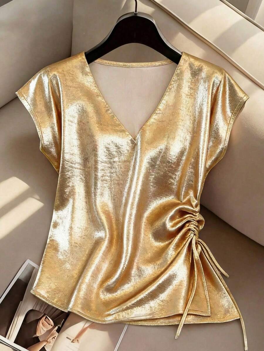 SHEIN LUNE Women's Gold Elegant V-Neck Short-Sleeved Blouse,Side-Waist Drawstring Shimmering Metallic Top,70s Retro Summer Party Evening Luxury Shirt - Champagne - View 1