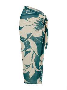 Swim Oasis 女士纯色褶皱连体泳衣，配花卉图案罩衫和裙子，度假必备 - 水鴨藍 - 查看 6