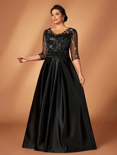 Serin Plus Size Elegant Luxurious Black Beaded Embroidered Satin Patchwork Round Neck 3/4 Sleeve Applique Pleated A-Line Dress, Suitable For Evening Party, Gala, Wedding, Holiday, Music Festival, Mother Of The Bride/Groom, Guest Dress