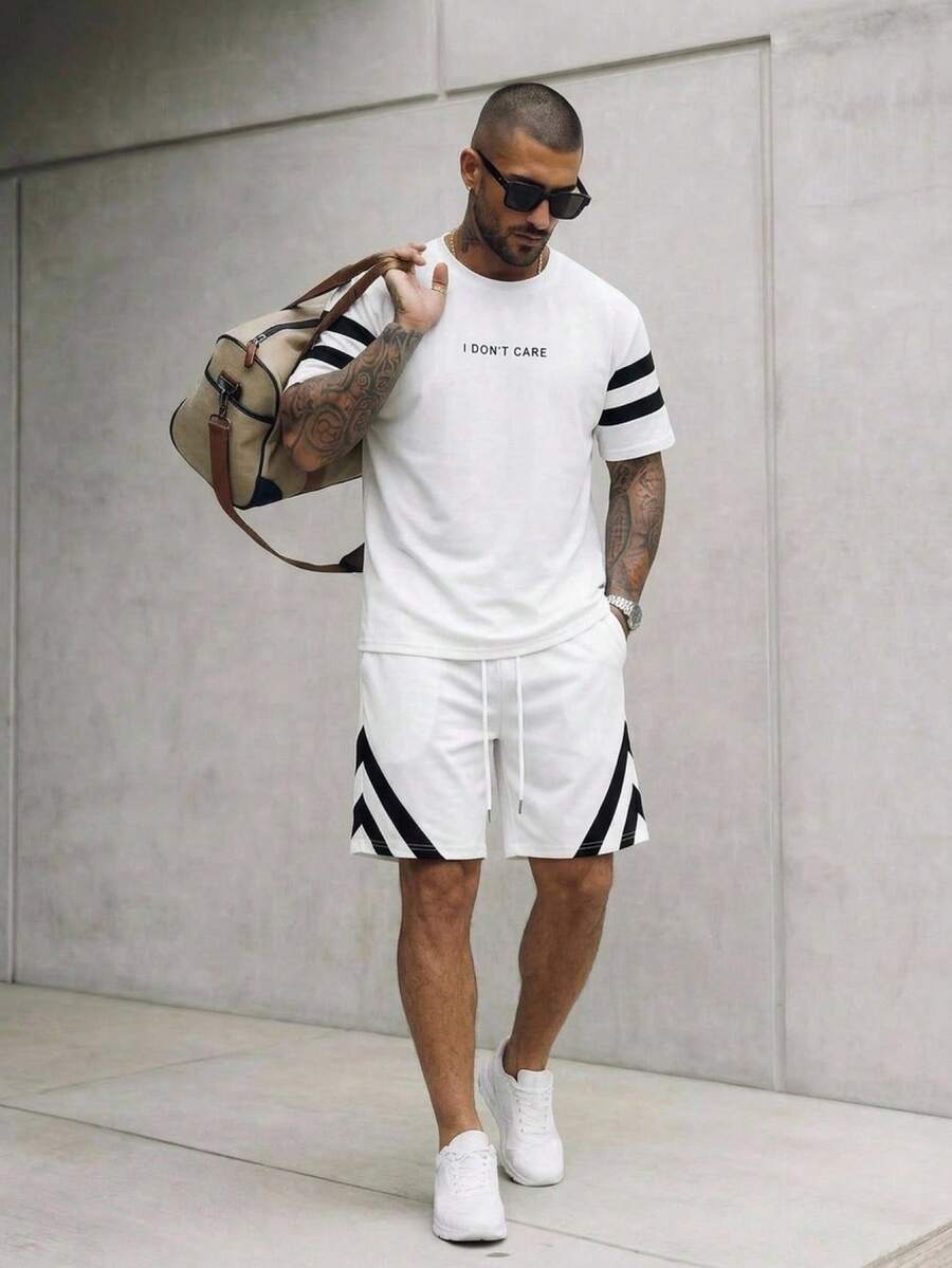 HIMLAND 男士条纹字母印花圆领短袖T恤和抽绳短裤套装 男士两件套 夏季男士街头服饰套装 男士两件套 白色男士套装 男士黑白套装 - 彩色 - 查看 1