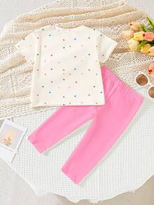 一套女婴可爱兔耳豹纹爱心图案圆领短袖T恤和针织长裤套装，卡通兔子印花服装，春夏日常夏季穿搭T恤套装 - 彩色 - 查看 2