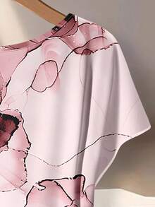 SHEIN Clasi 休闲简约风粉色仿箔抽象花卉图案女式衬衫配蝴蝶结和宽松直筒裤两件套，适合秋冬季节，复古风格 - 彩色 - 查看 4