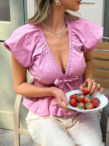 Livesso Summer Beach Party Holiday, Pink Puff Sleeve Deep V-Neck Tie Waist Cotton Women Top - Pink - View 6