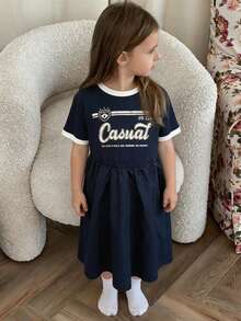 DAZY Girls Casual Round Neck Printed Short Sleeve Dress, Fall - Navy Blue - View 4