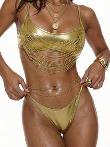 Swim SXY 女士性感流苏反光面料系带露背泳衣套装，欧美拉丁风 - 彩色 - 查看 5