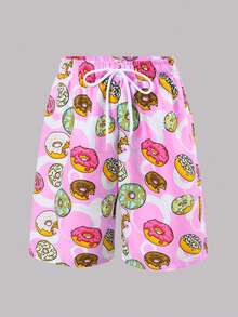 Tween Boy Donut Print Drawstring Waist Loose Swim Shorts - Pink - View 4