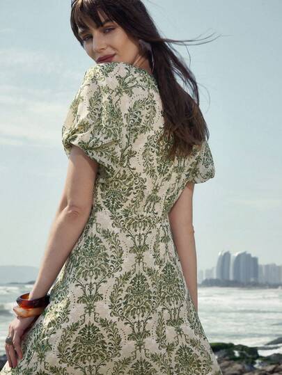 Aveloria Modichic Women's Casual Bamboo Knot Retro Print Round Neck Petal Sleeve Waist Flared Hem Dress, Suitable For Holiday & Daily Wear