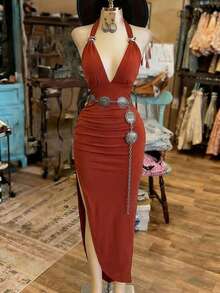 NostaNoir 收腰露背吊带开衩连衣裙，性感 - 鏽棕色 - 查看 1