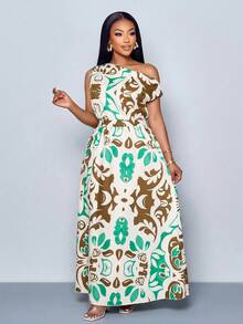 SOLERSUN 大码春夏时尚优雅通勤休闲斜肩短袖大摆裙收腰艺术街海滨度假约会旅行女模特 - 綠色 - 查看 2