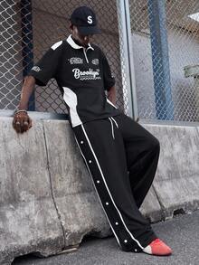 EVRINFINITE Men Contrast Tape Button Side Drawstring Waist Sweatpants - Black - View 7